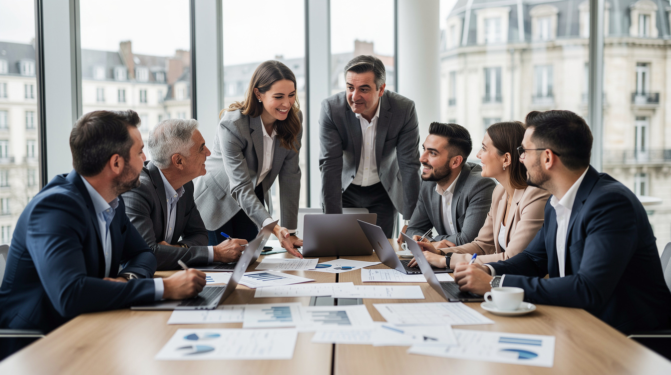 Équipe de professionnels discutant d'une stratégie organisationnelle dans un bureau moderne